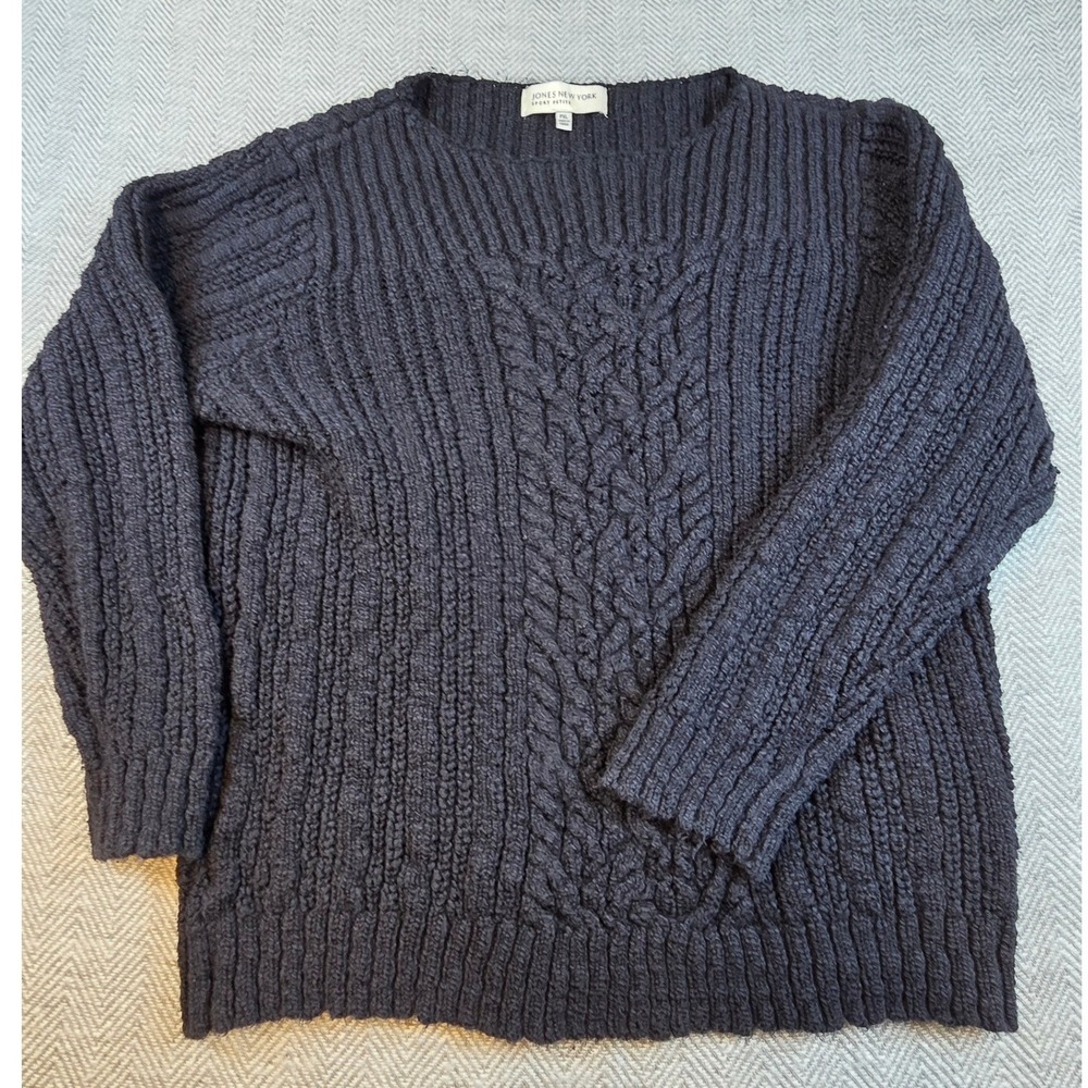 Jones New York Sport Petite Navy Blue 100% Cotton Cable Knit Sweater PXL